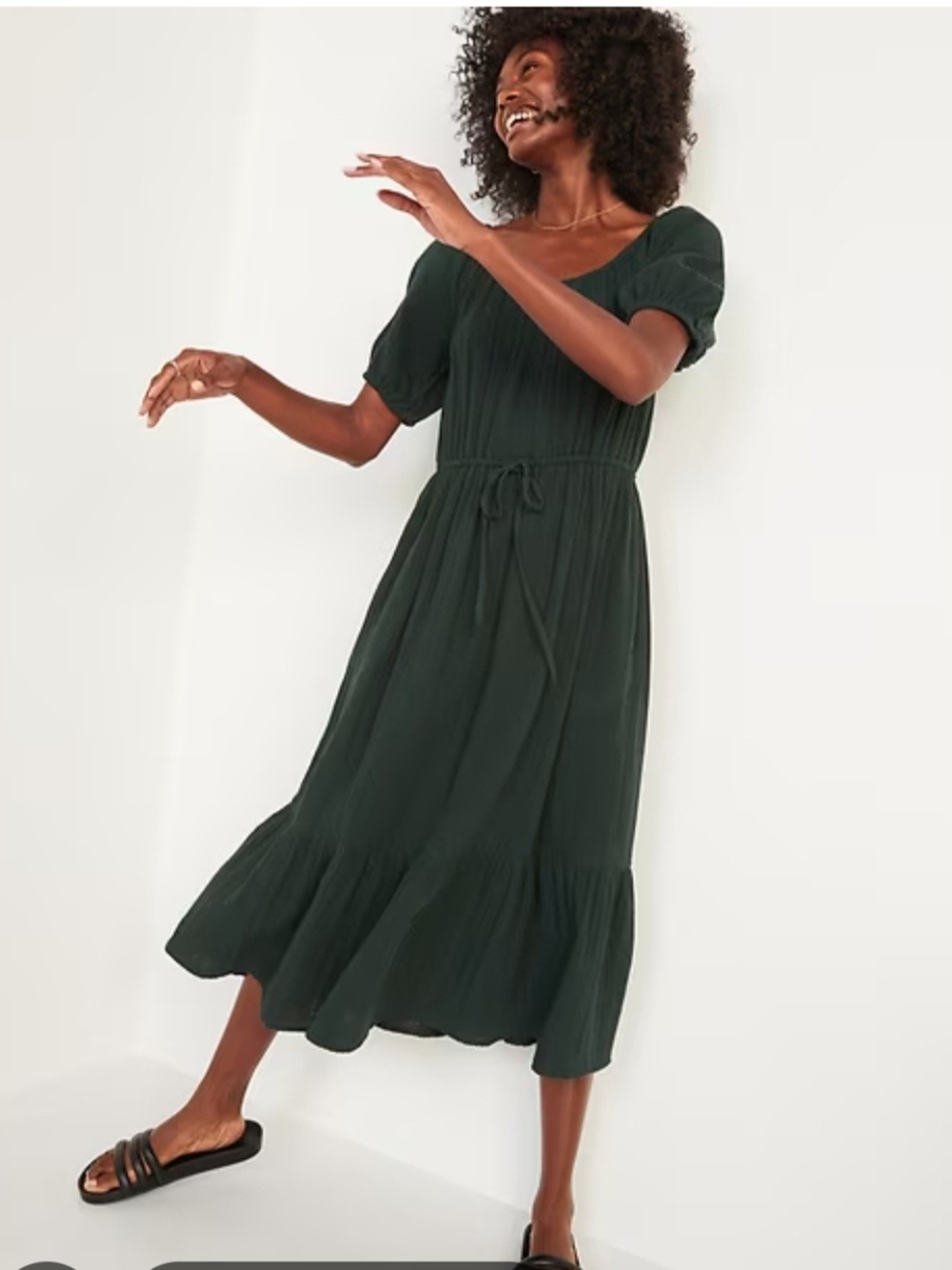 Old Navy Dark Green Square-Neck Midi Dress with Tie Waist